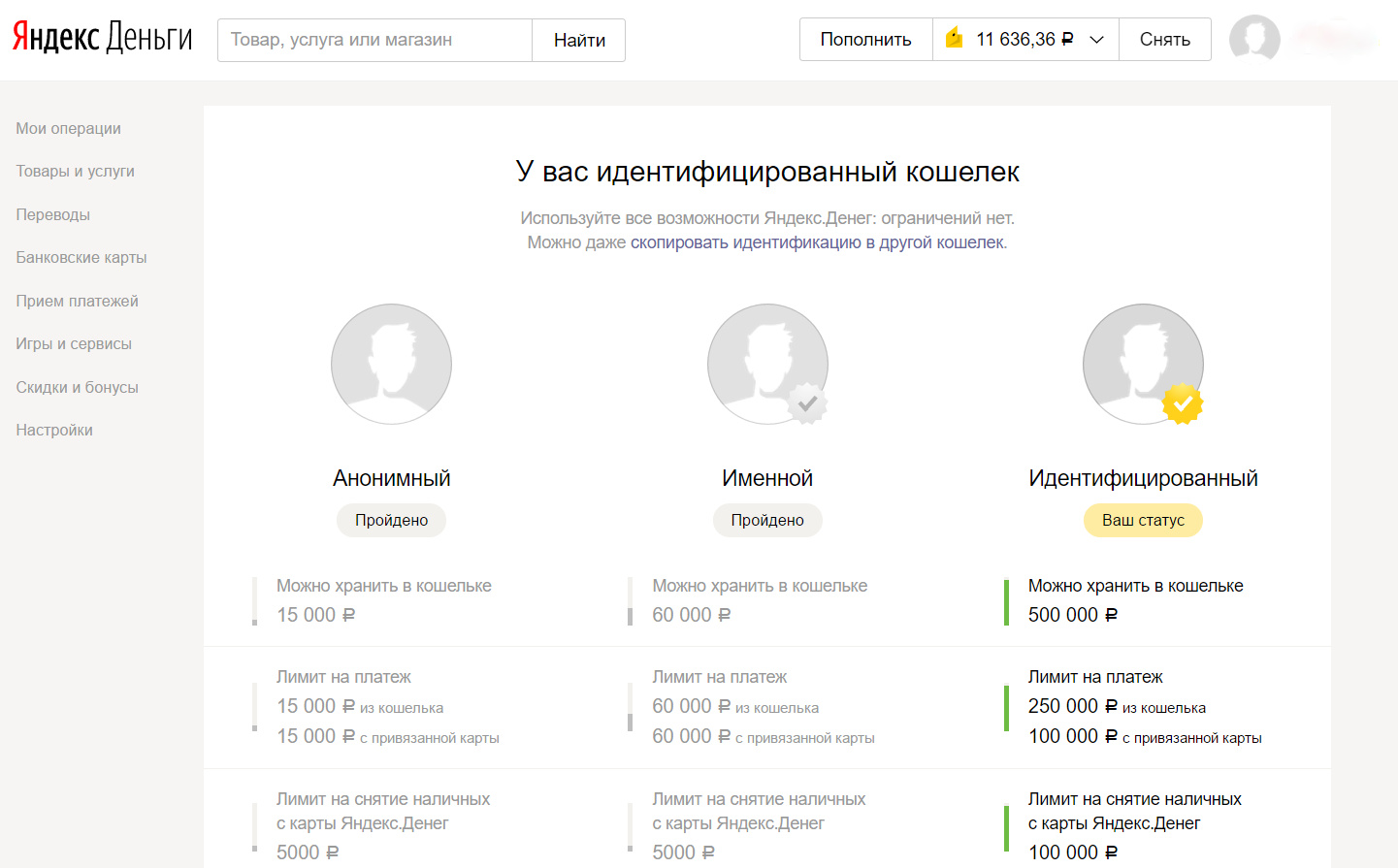 Идентифицированные кошельки Яндекс деньги