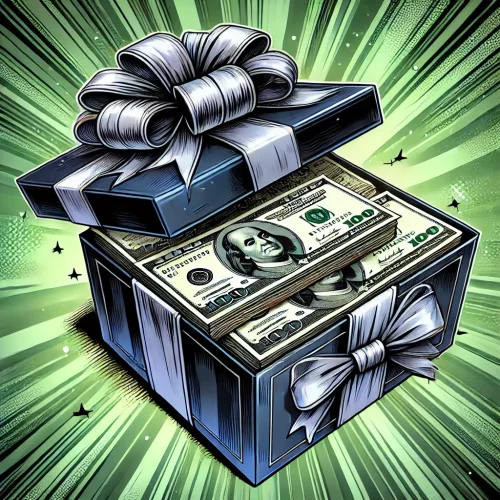 DALL·E 2025-02-24 13.13.31 - A highly detailed and luxurious gift box filled with US dollar bills in a stylized comic-book and digital illustration style. The box is elegant, wrap.webp